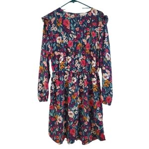 Loft Women's Navy Multi-color Floral Long Sleeve‎ Dress Large